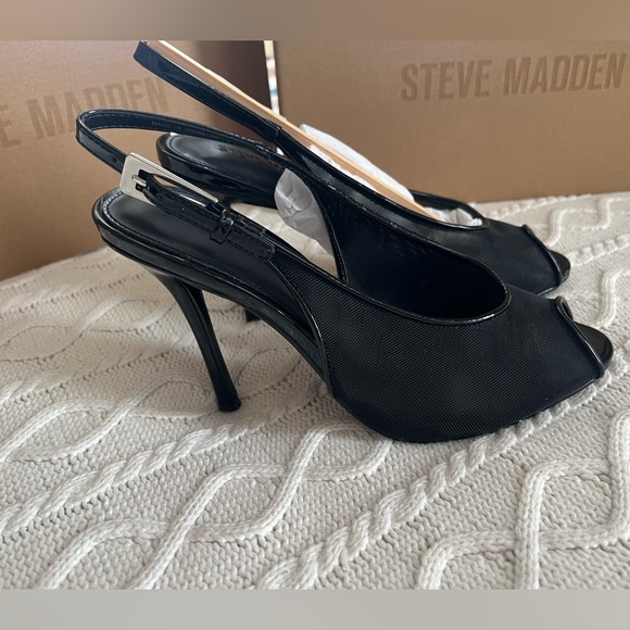 Steve Madden Elegant Black Mesh Slingback Heels Adjustable Strap Various Sizes - Picture 11 of 14